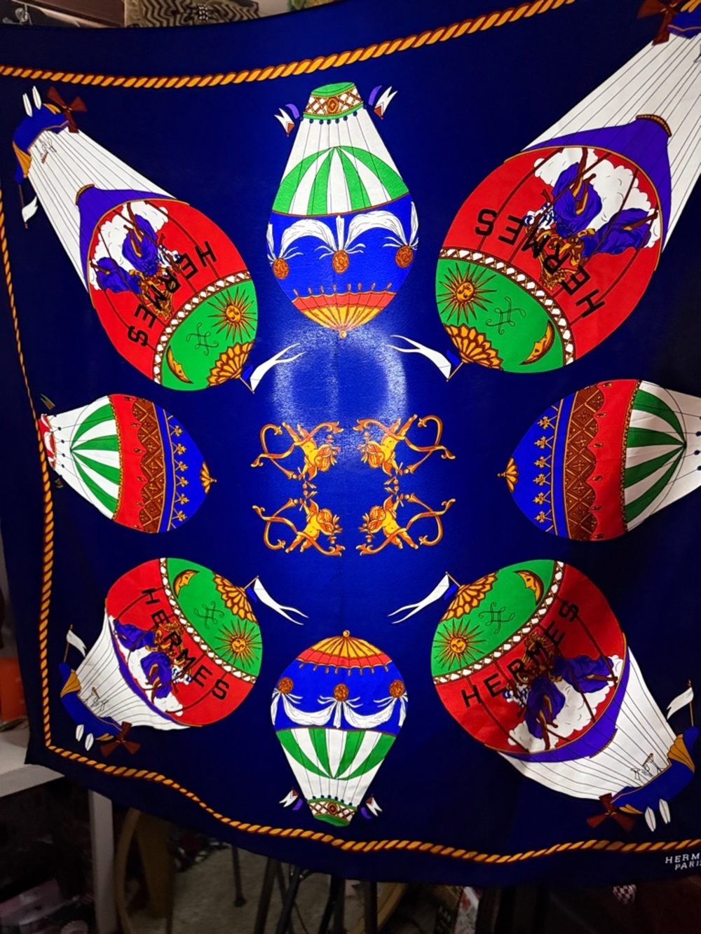 Hermes Navy Blue Red Green Hot Air Balloon Silk Scarf